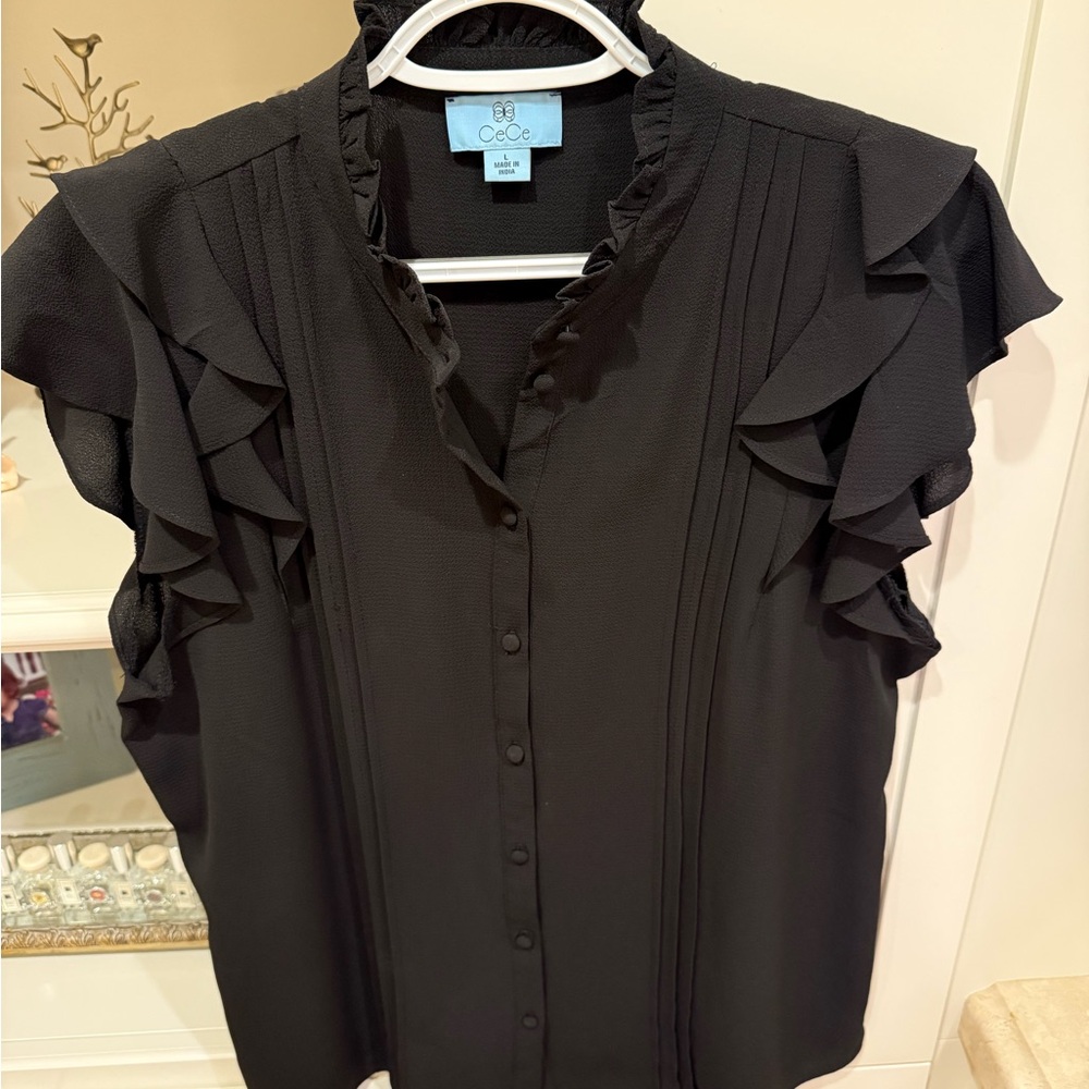 CeCe Elegant Black Ruffle Blouse